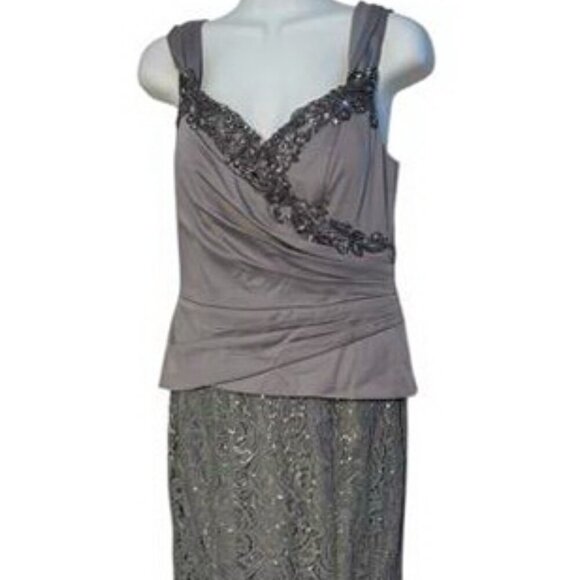 Decode 1.8 Silver Satin Beaded Ruched Top Lace Sequin Bottom Gown - Picture 1 of 5